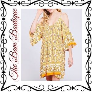 Plus Size Yellow Damask Cold-Shoulder Dress
